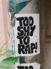 A weathered poster with bold black lettering reads 'Too Shy To Rap!' pasted on a metal pole amidst peeling layers of old advertisements. Green leaves from a nearby plant partially cover the bottom of the poster.