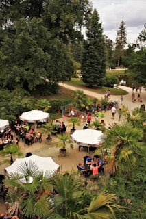 An outdoor café scene with white canopies and tables with people seated, surrounded by lush greenery and palm plants. A playground with colorful swings is visible, indicating a family-friendly atmosphere. People are walking along a gravel path next to a calm pond, suggesting a tranquil park setting.