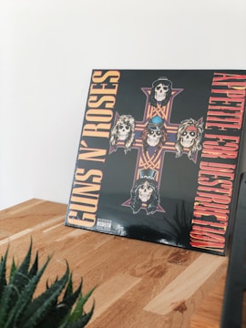 An album cover is placed on a wooden surface. The design features a large cross with five skeleton faces, each adorned with distinctive hairstyles and accessories. Bold text surrounds the cross, forming the band and album name. A small plant with pointed leaves is visible in the foreground, adding a touch of greenery.