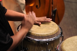 A person plays a conga drum with their hands, creating rhythmic beats. The drum has a natural skin top with a smooth texture, and the scene contains warm, earthy colors.