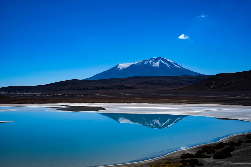 mirror water reflection of snow capped mountain at daytime