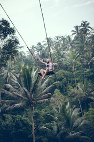 man swinging over forest