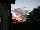 A sunset view of the college campus with silhouetted buildings and trees.