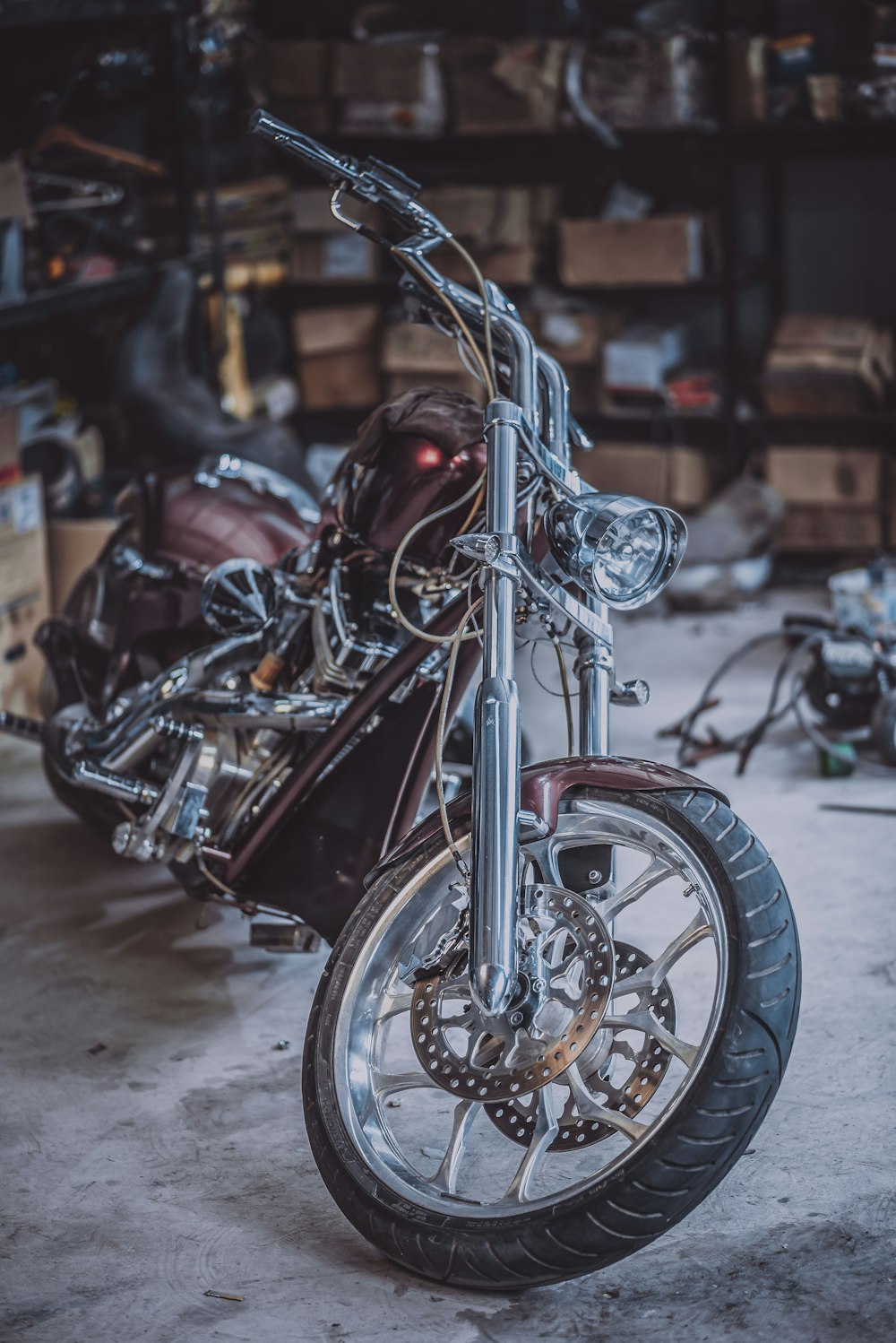 selective focus photography of brown and gray cruiser motorcycle