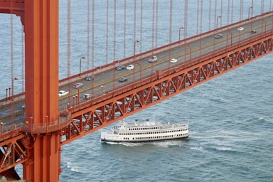 white cruise ship under concrete bridge