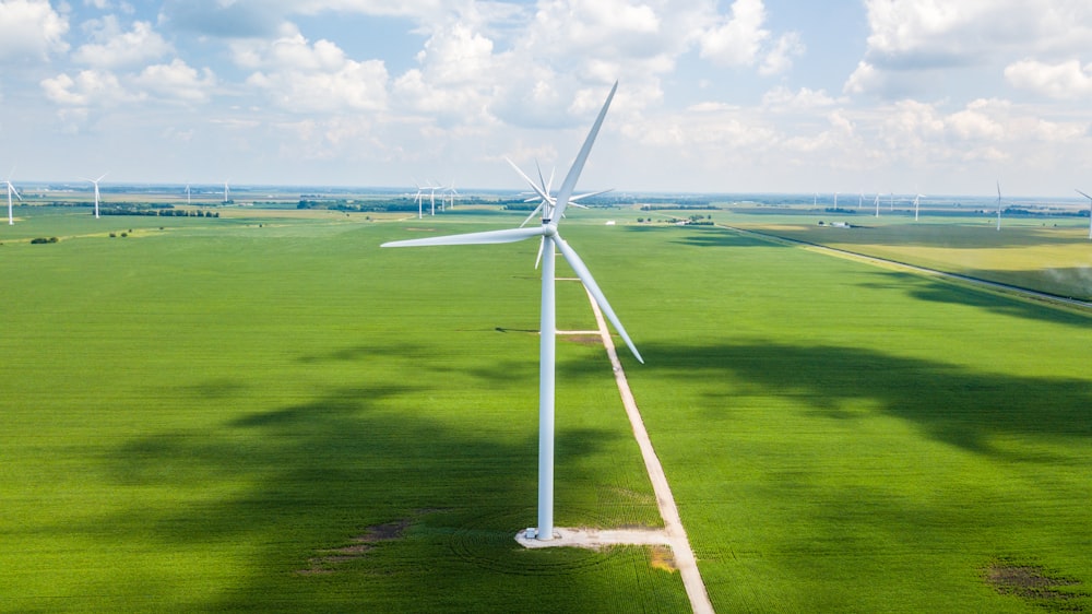 Landschaftsfoto einer Windkraftanlage umgeben von Gras