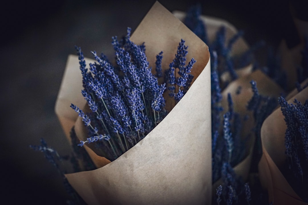 purple flowers wrapped on brown paper