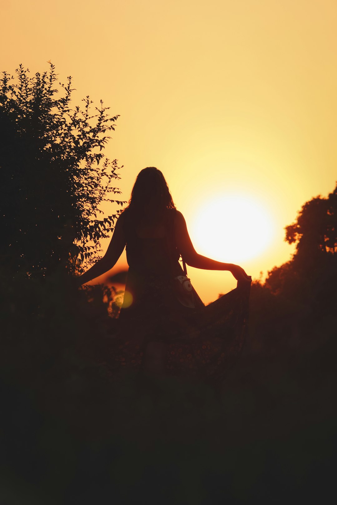 silhouette of woman standing near tree sunset