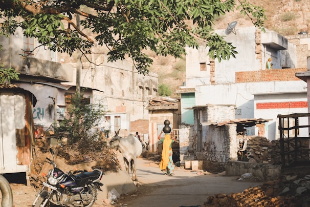A rural street scene with a woman in colorful traditional attire carrying pots on her head. In the background, a cow walks along the path near old, rustic buildings surrounded by natural vegetation. A motorcycle is parked in the foreground.