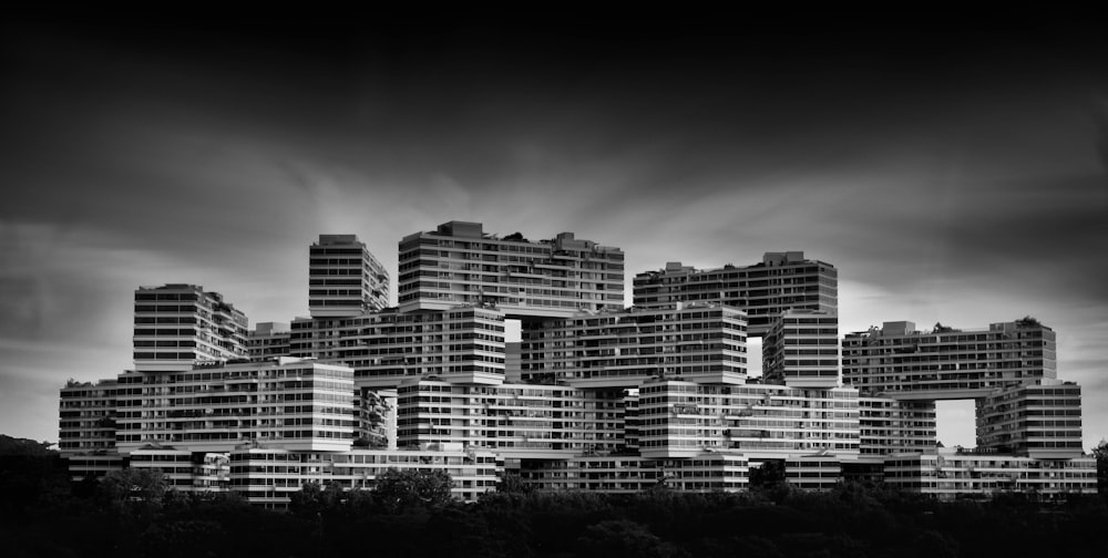 grayscale photograph of buildings