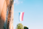 red, white, and blue flag hanging on window
