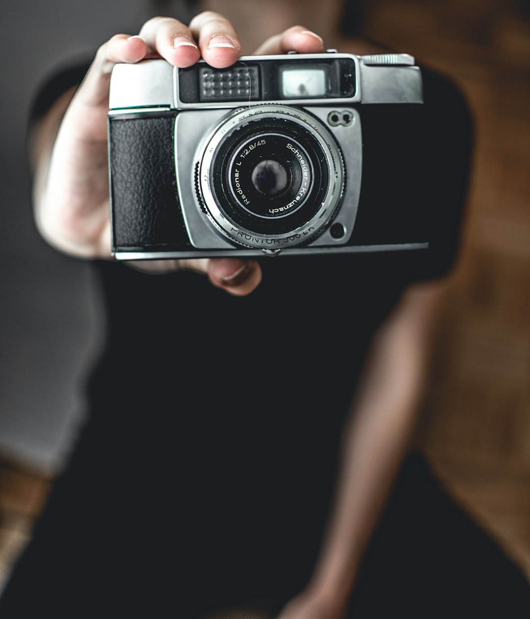 person holding gray and black camera