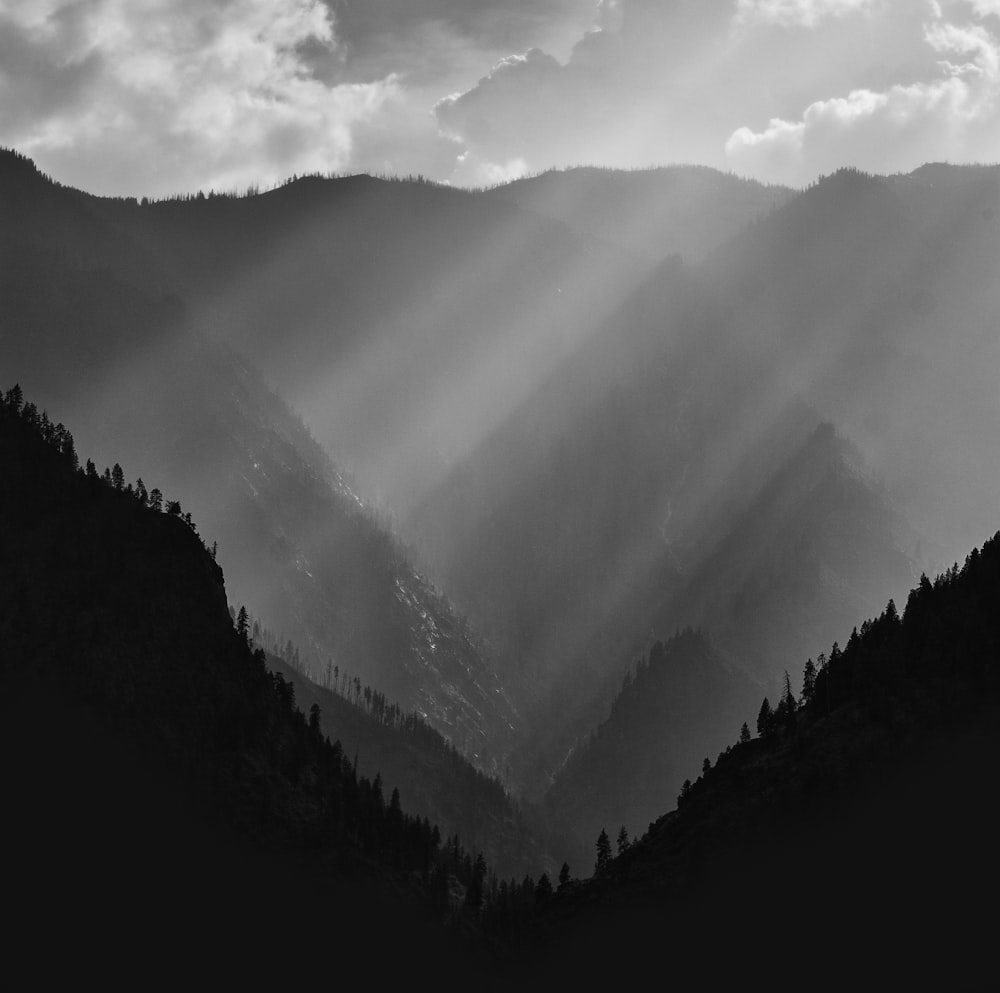 grayscale photography of mountains