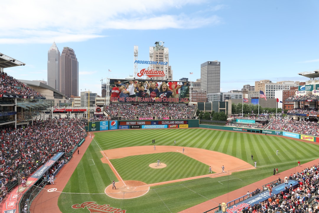 baseball stadium, Wide angle image of spectators at Progressive Field singing “Take me out to the ballgame”. Cleveland s