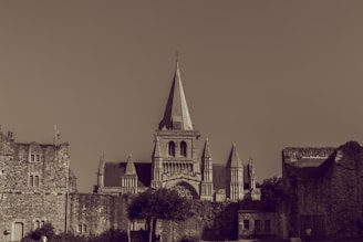 Delicate sepia-toned illustration of the Catedral de León’s elegant facade, softly blending into a warm beige background.