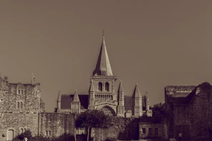 A sepia-toned photograph of Diegem's Sint-Catharinakerk from the early 1900s, framed by aged trees.