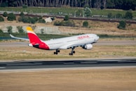 An airplane with Iberia livery is taking off from a runway surrounded by grassy fields and trees. The aircraft is ascending with its landing gear still deployed. The scene captures the motion and power of the airplane's engines against a backdrop of a partially wooded landscape.