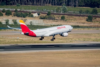 An airplane with Iberia livery is taking off from a runway surrounded by grassy fields and trees. The aircraft is ascending with its landing gear still deployed. The scene captures the motion and power of the airplane's engines against a backdrop of a partially wooded landscape.