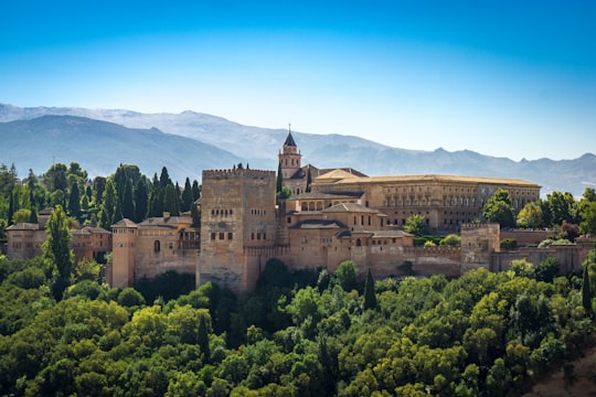 aerial view of stone castle in Alhambra Palace Spain