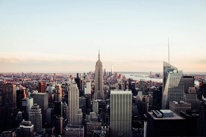 Manhattan skyline stretching across the horizon viewed from across the Hudson River, New York City