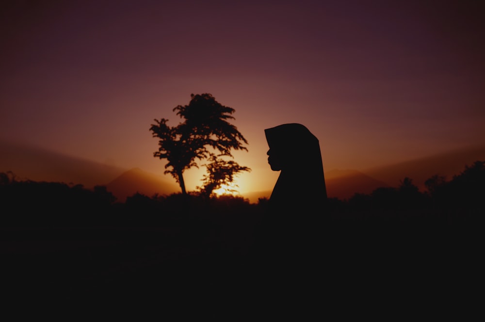 silhouette of woman and tree