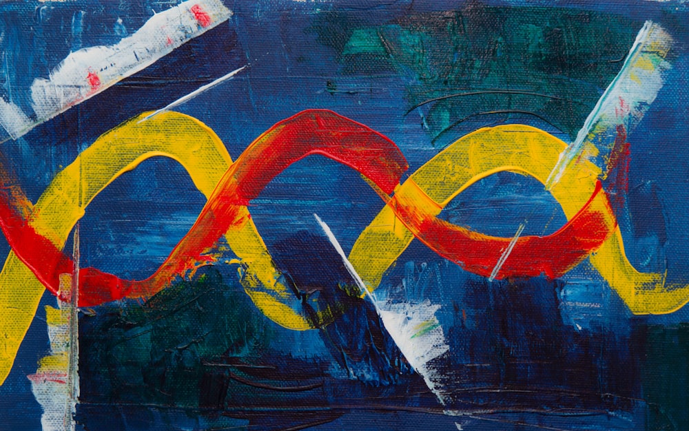 peinture abstraite bleue, rouge et jaune
