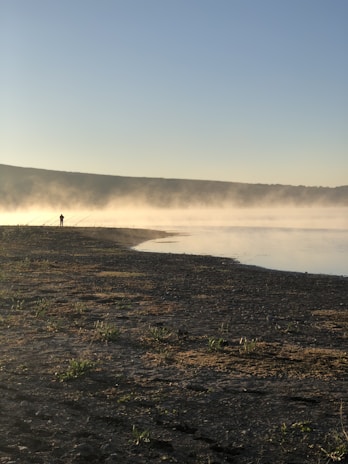 A serene lakeside at dawn with a lone fisherman casting a line surrounded by misty pine trees.