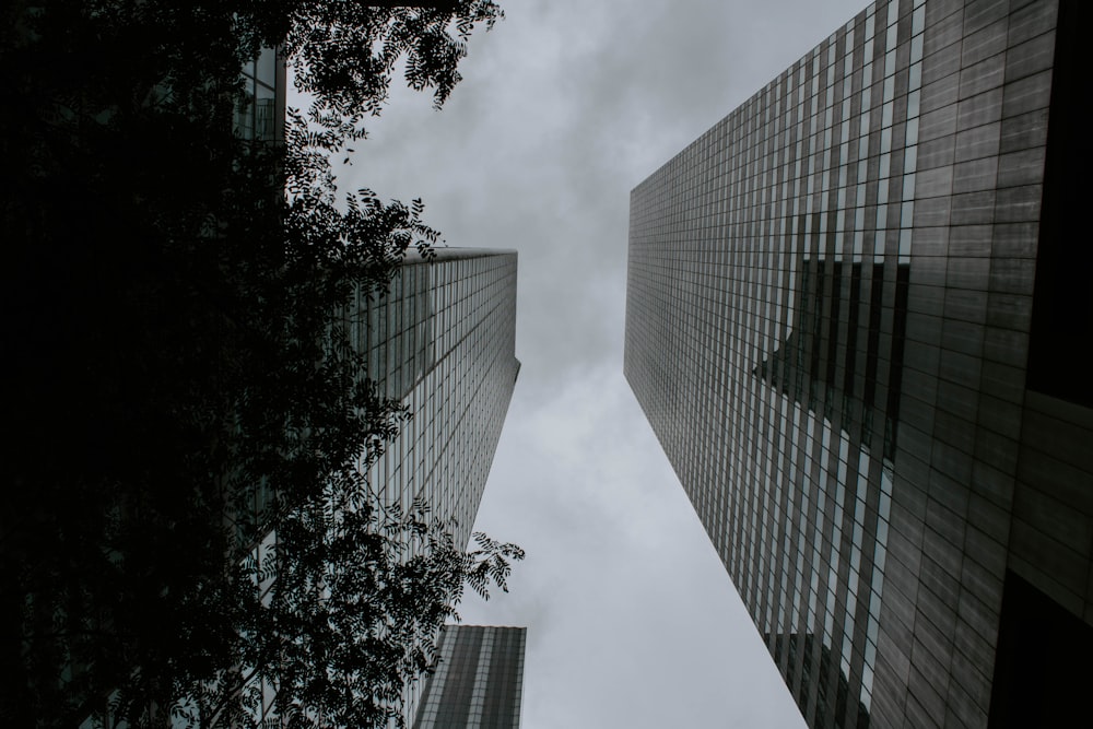 a couple of tall buildings sitting next to each other