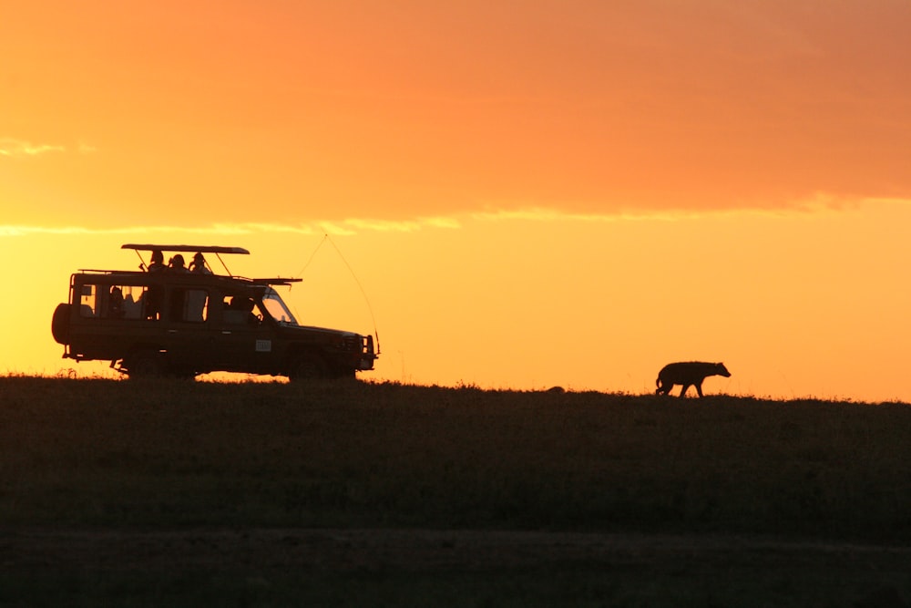 Silhouette eines SUV unter orangefarbenem Himmel