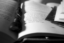 An open book with visible text, a wand-like object resting across the pages, and additional stacked papers on the side. The image is in black and white, emphasizing the contrast between light and shadows over the objects.