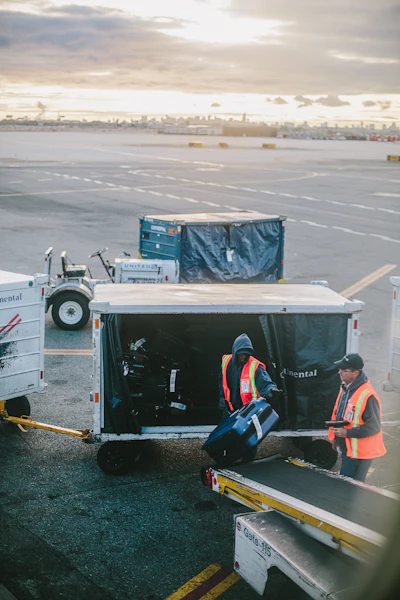 Two men with luggage at the airport