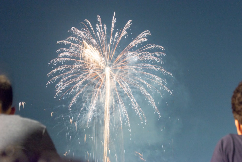 Personas viendo el espectáculo de fuegos artificiales por la noche