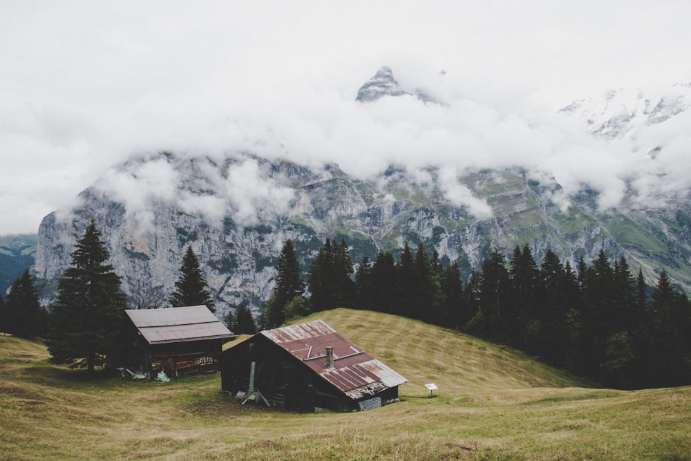 Vue de dessus de la maison brune sur la montagne Green Grass