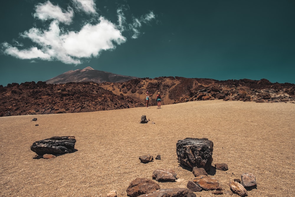 people standing near mountain