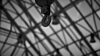 A large metal hook suspended from a crane or similar mechanism, set against a backdrop of a geometric glass ceiling structure. The image is in black and white, with dramatic shadows and reflections cast on the glass panels.