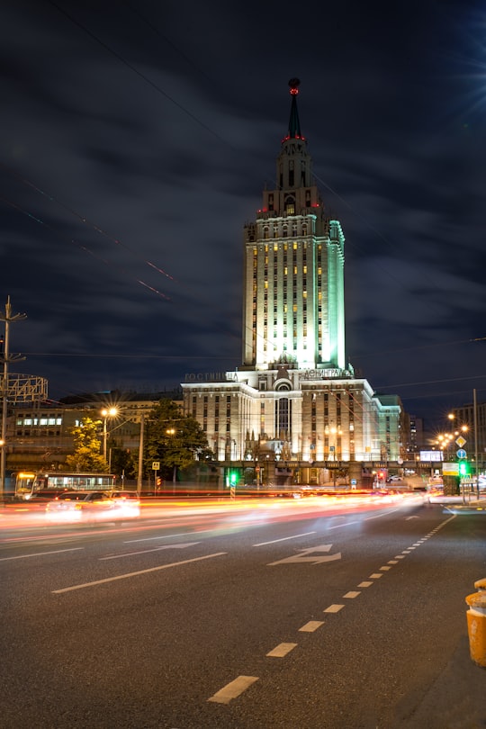 time-lapse photography building with tower at nighttime in Hilton Moscow Leningradskaya Hotel Russia