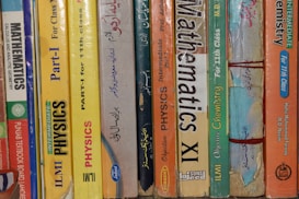 A row of textbooks stacked vertically on a shelf, with subjects like mathematics, physics, and chemistry. The books vary in color and are written in both English and another language. The spines display titles, grades, and authors, indicating they are for 11th grade classes.