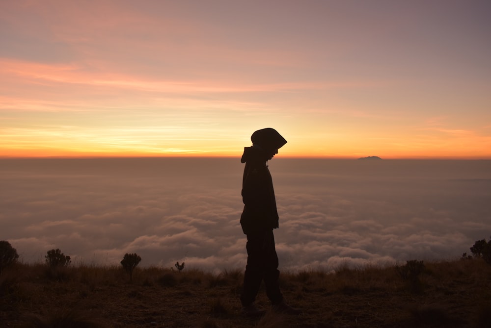silhouette of person wearing hoodie standing near cliff with clouds ahead during golden hour