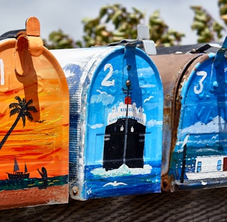 four assorted-color mailboxes on black surface