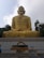 A large golden statue of a seated figure with distinct robes, positioned in front of a light sky. Below the statue, there is a donation box with signs written in multiple languages. Surrounding the statue are trees, adding a natural backdrop.