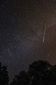 A night sky filled with streaks of bright meteors over a peaceful rural landscape