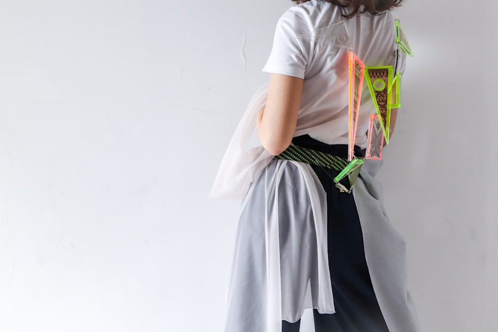 woman with pennant flag on her back