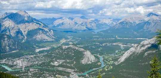 aerial view of town surrounded by mountain ranges in Jasper National Park Canada