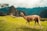 A llama stands on a grassy foreground with the ancient Incan site of Machu Picchu in the background. The landscape features lush green terraces, stone ruins, and towering mountain peaks under a cloudy sky.