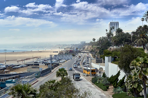A brisavía truck traveling along a coastal highway with palm trees lining the road.