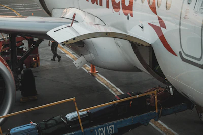 Packages being carefully loaded into an airplane cargo hold.
