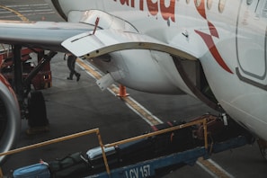 The image captures a close-up of an airplane on the tarmac with luggage being loaded onto it. A conveyor belt transports suitcases into the cargo hold. Part of the aircraft's fuselage and wing are visible, with a person in the background attending to the loading process.