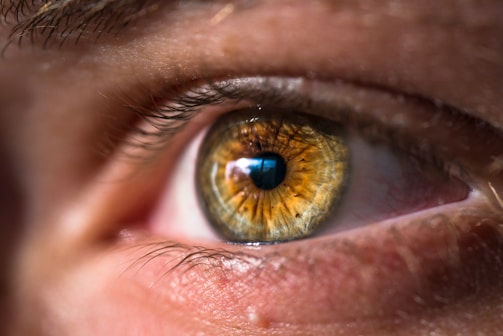 A close-up view of a human eye with intricate details of the iris, which appears to be a mix of golden and green hues. The image captures the fine lines and textures around the eye, including eyelashes and skin. The reflection of a window or light source is visible in the pupil.