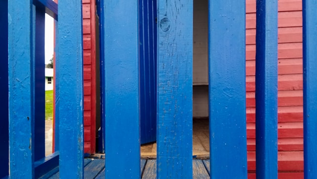 Vertical blue slats are positioned closely together, with a background featuring a red wooden wall. The scene includes an open space visible between the slats, leading to an area resembling a room or small structure. Outside the slats, a glimpse of grass and a small building can be seen.