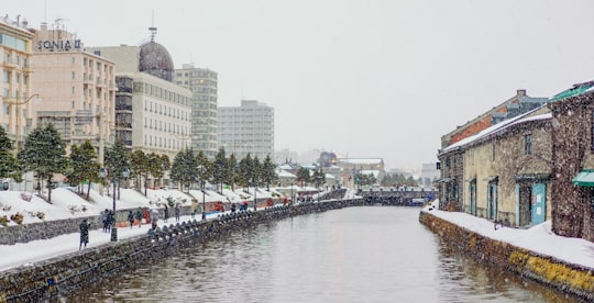 white concrete building filled with snow in Otaru Canal Japan